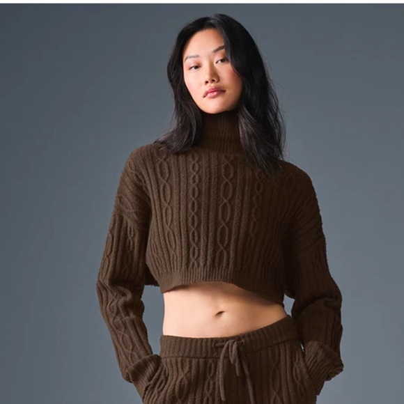 Alo Cable Knit Cropped Winter Bliss Turtleneck Long Sleeve in Espresso NWT! - Picture 4 of 10